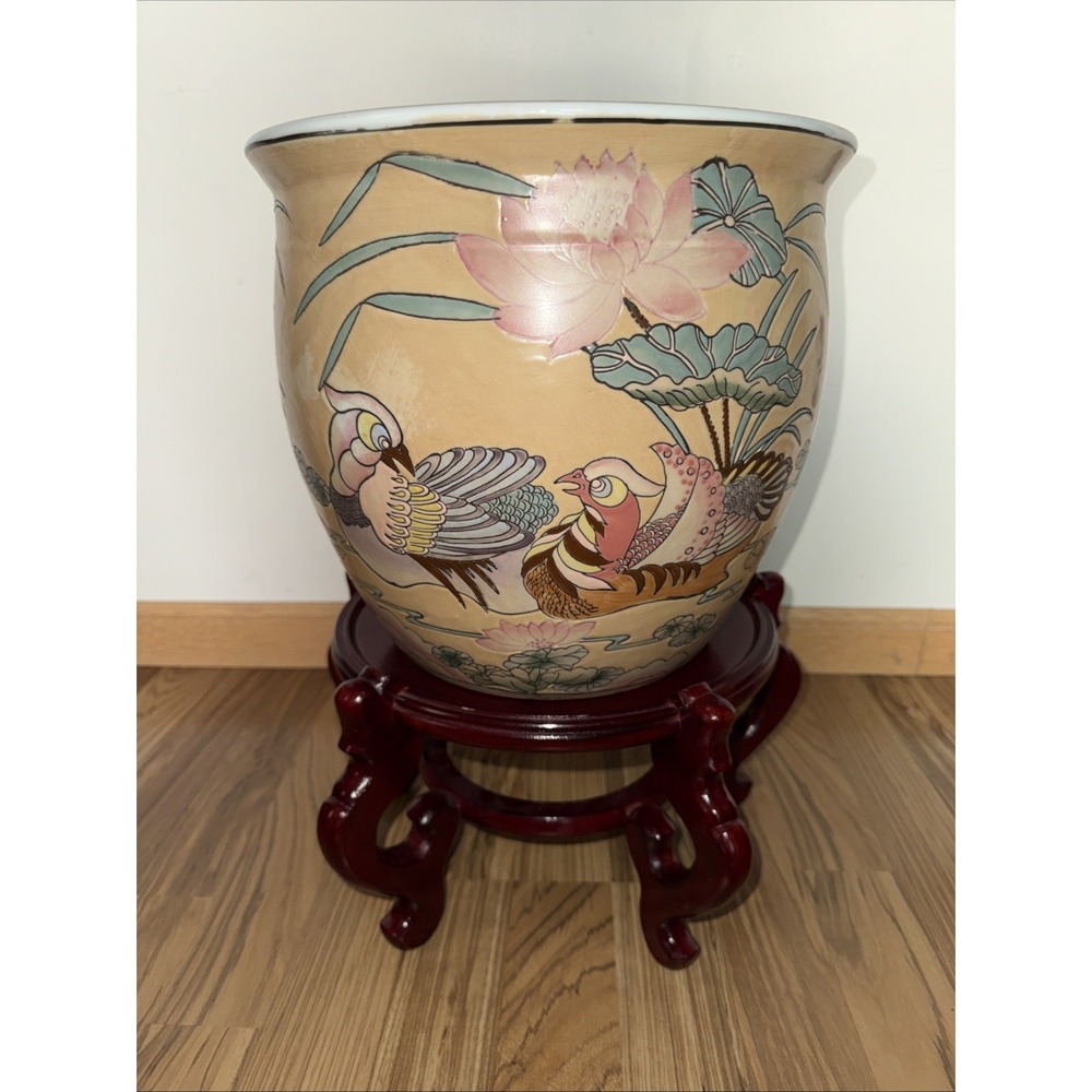 Vintage  Enameled Mandarin‎ Duck Fish Bowl Koi Planter Hand Painted